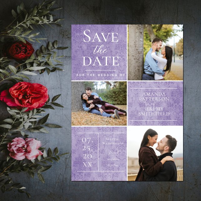 Elegante Damask Drei Fotosammlungen | Lila Save The Date (Elegant Damask Three Photo Save the Date - Purple)
