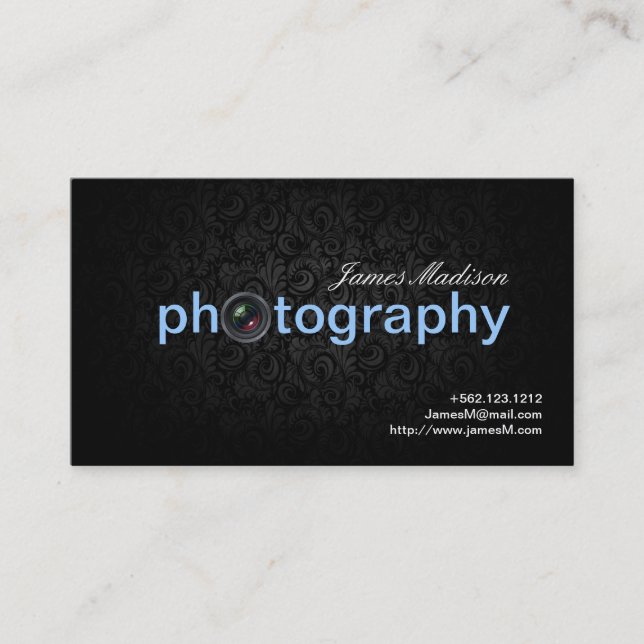 Elegante Damask Fotografie Visitenkarten mit QR Visitenkarte (Vorderseite)