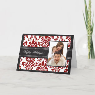 Elegante Damask Happy Holidays Card (schwarz/rot) Feiertagskarte