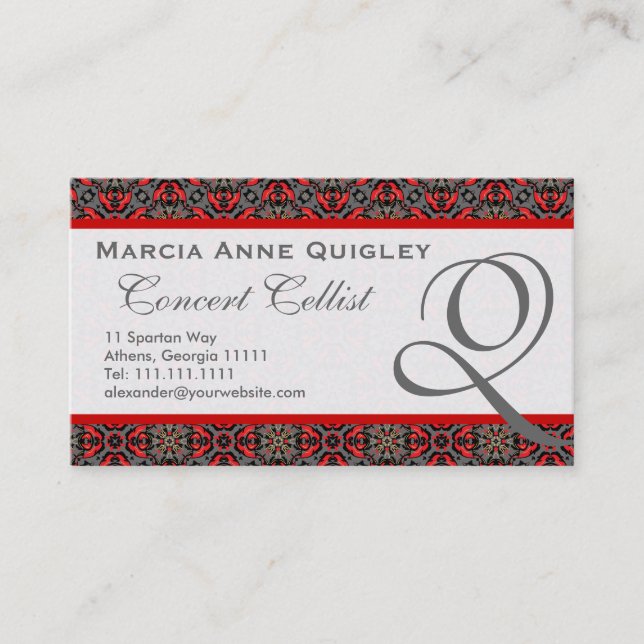 Elegante Damask Monogram Q Business Cards Visitenkarte (Vorderseite)