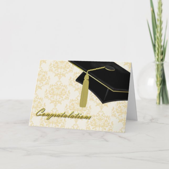 Elegante Damask & Mortarboard Abschluss Card Karte (Vorderseite)