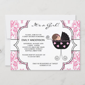 Elegante Damask Pink Black Baby Girl Dusche Einladung