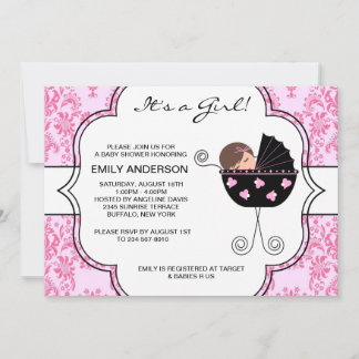 Elegante Damask Pink Black Baby Girl Dusche Einladung