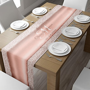 Elegante Damask Rose Gold Monogram Wedding Kurzer Tischläufer
