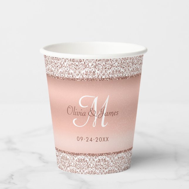 Elegante Damask Rose Gold Monogram Wedding Pappbecher (Vorderseite)