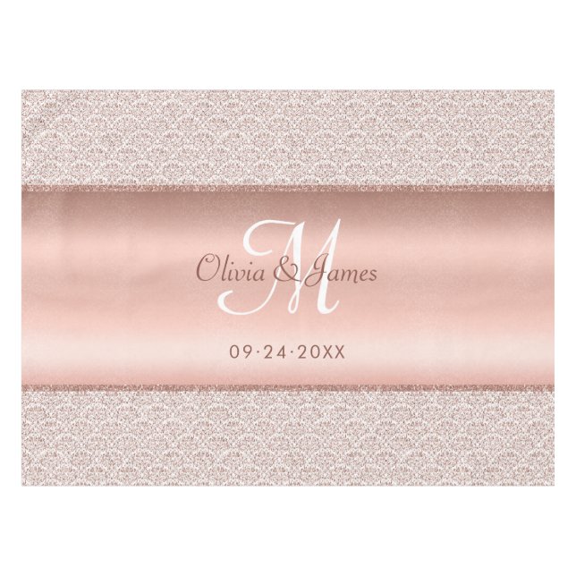 Elegante Damask Rose Gold Monogram Wedding Tischdecke (Vorderseite (Horizontal))