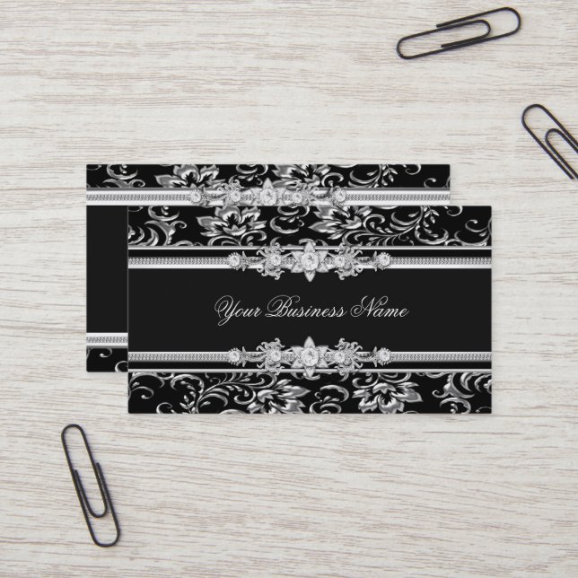 Elegante Damask Silver Black Jewel Look Image Visitenkarte (Vorderseite/Rückseite Beispiel)