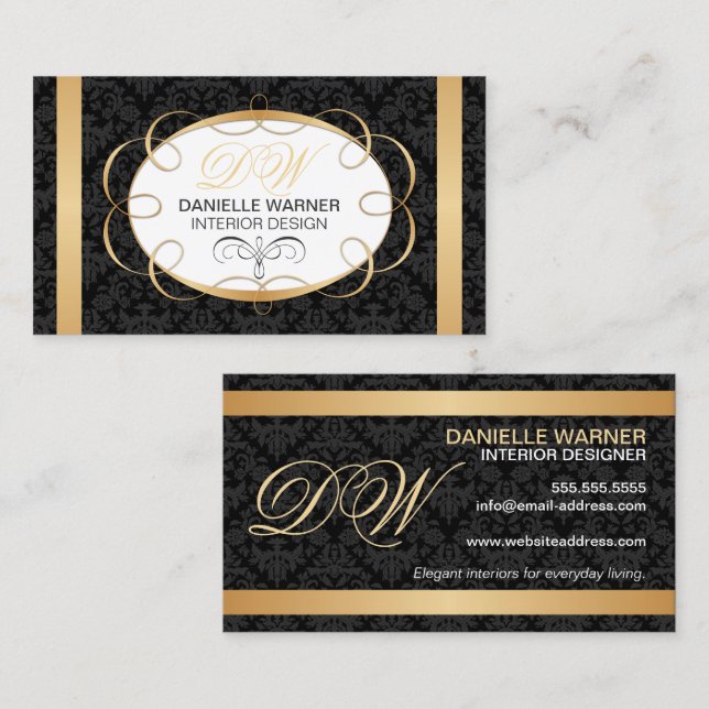 Elegante Damask- und Gold-Initialen Visitenkarte (Vorne/Hinten)