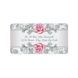 Elegante Damask- und Rosa-Adressmarken Adressaufkleber