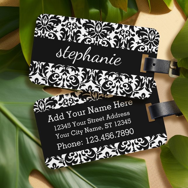 Elegante Damaskus-Muster mit Schwarz und Weiß Gepäckanhänger (Personalized luggage tag - black and white damask)