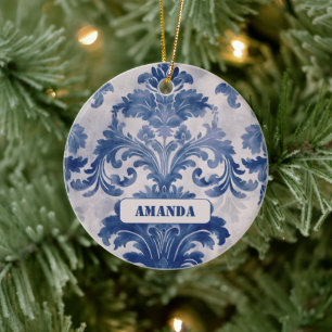 Elegante Damast-Blau Toile de Jouy Monogramm Keramik Ornament