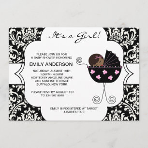 Elegante Damast Rosa Schwarze Babymädchen-Party Einladung