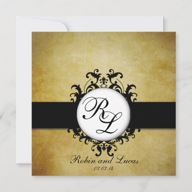 Elegante Damast-Vintage-Monogramm-Hochzeits-Einlad Einladung (Vorderseite)