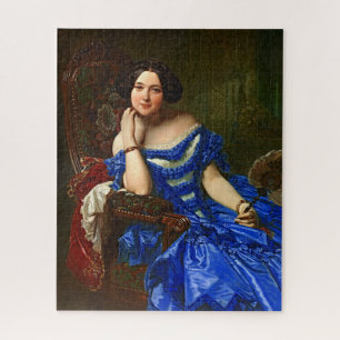 Elegante Dame in blau-grünem Kleid im Vintage-Stil Puzzle