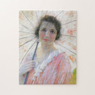 Elegante Dame in rosa Kleid mit Sonnenschirm Puzzle
