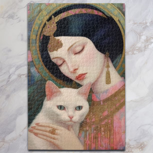 Elegante Dame in Rosa mit weißer Katze I Art Nouve Puzzle