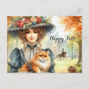 Elegante Dame mit Katze Glücklicher Herbst  Postkarte