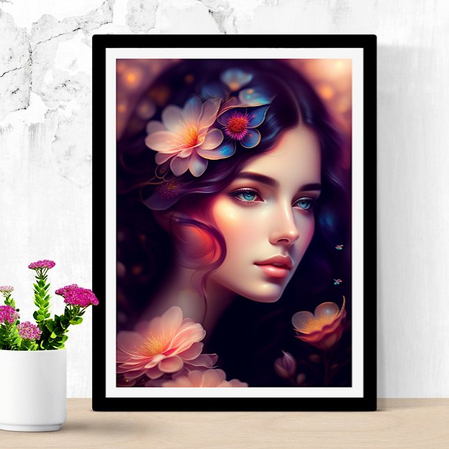 Elegante Dame mit orange-rosa blauen Blumen Poster (Von Creator hochgeladen)