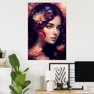 Elegante Dame mit orangefarbenen rosa blauen Blume Poster