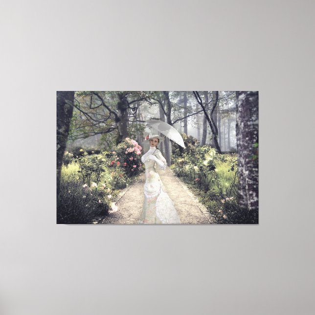Elegante Dame mit weißem Schirm am Wald Leinwanddruck (Vorderseite)