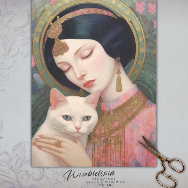 Elegante Dame und Feline I Art Nouveau Decoupage Seidenpapier (Von Creator hochgeladen)