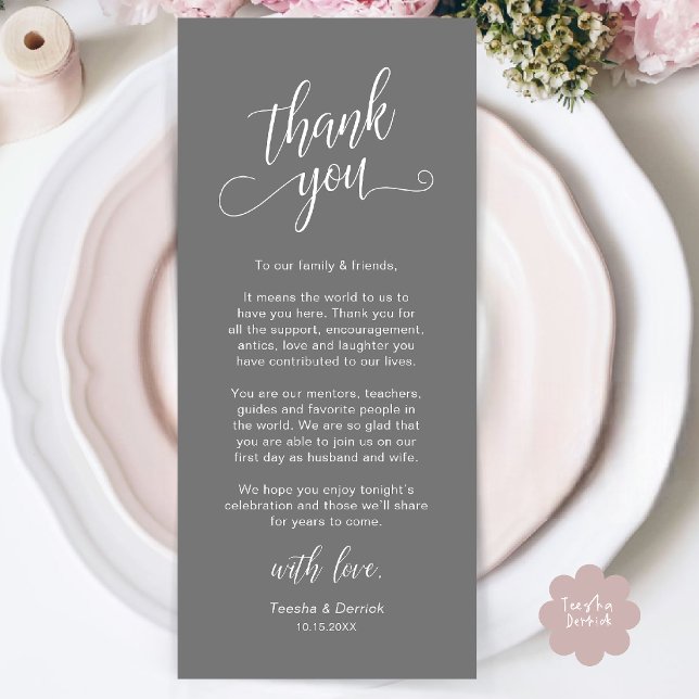 Elegante Dankeskarte für die Hochzeitsdinner-Tisch Programm (Classy Wedding Dinner Place Setting Thank You Card in Grey)