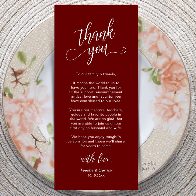 Elegante Dankeskarte für die Hochzeitsdinner-Tisch Programm (Classy Wedding Dinner Place Setting Thank You Card in Burgundy Wine Red)