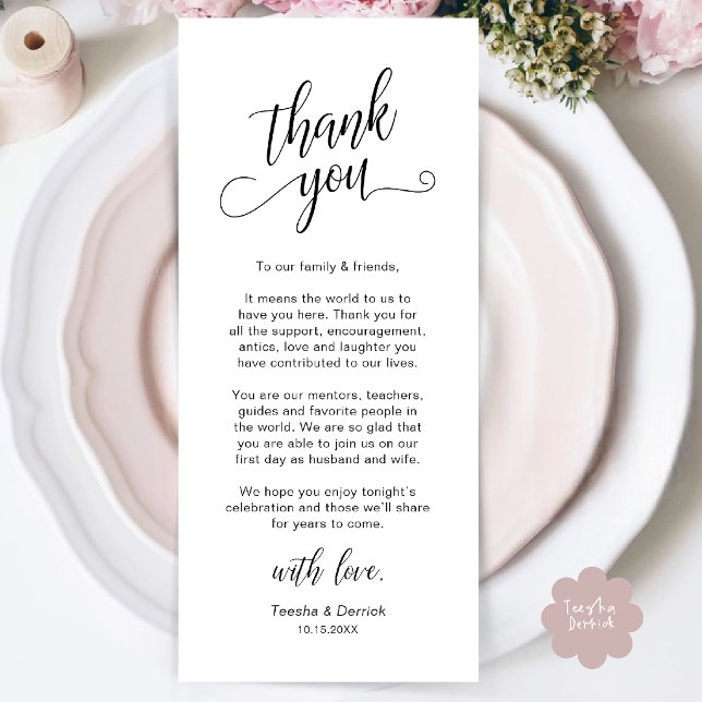 Elegante Dankeskarte für die Hochzeitsdinner-Tisch Programm (Classy Wedding Dinner Place Setting Thank You Card in Black and White)