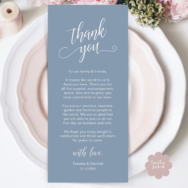 Elegante Dankeskarte für die Hochzeitsdinner-Tisch Programm (Classy Wedding Dinner Place Setting Thank You Card in Dusty Blue)