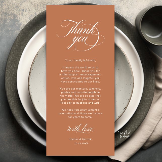 Elegante Dankeskarten für die Tischdekoration zur  Programm (Elegant Classic Wedding Place Setting Thank You Dinner Card in copper terracotta)