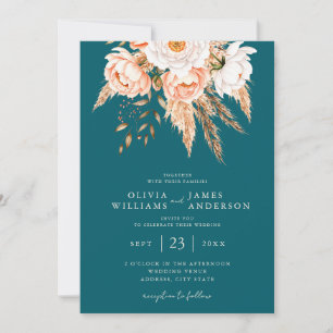 Elegante Dark Aquamarin Boho Chic Fall Floral Wedd Einladung