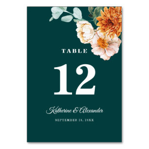 Elegante Dark Aquamarin Burnt Orange Fall Floral W Tischnummer