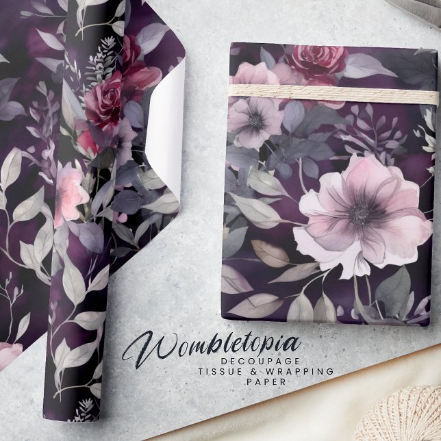 Elegante Dark Blossom Lila & Roses Decoupage Geschenkpapier (Von Creator hochgeladen)