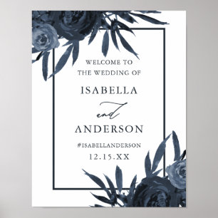 Elegante Dark Blue Floral Wedding Welcome Sign Poster