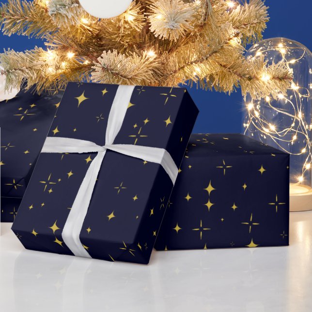 Elegante Dark Blue Gold Stars und Glitzern Gift Geschenkpapier (Feiertage)