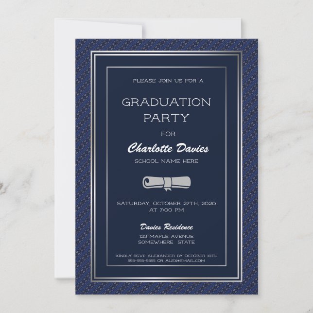 Elegante Dark Blue Silver Border Graduation Party Einladung (Vorderseite)