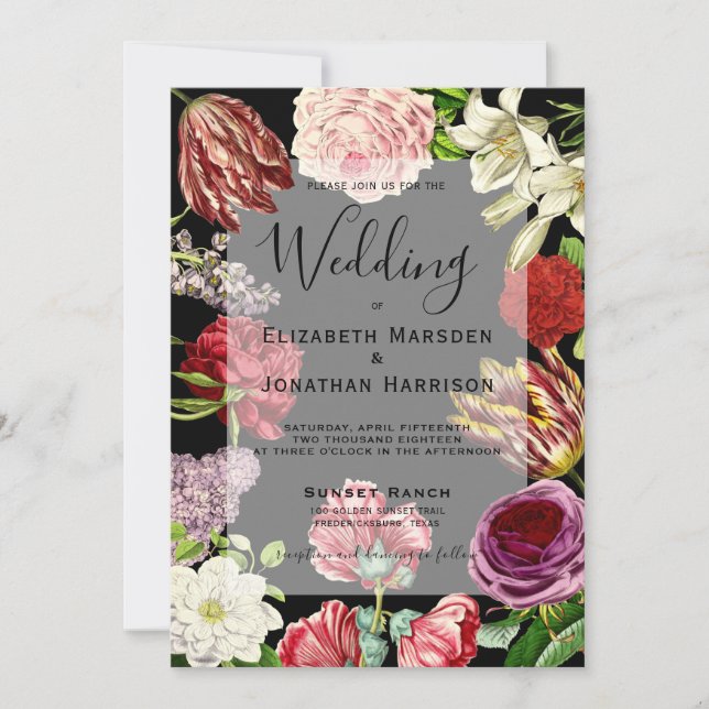 Elegante Dark Botanical Vintag Floral Wedding Einladung (Vorderseite)