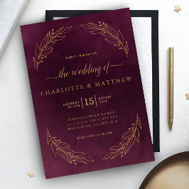 Elegante Dark Burgund und Gold Botanische Hochzeit Einladung