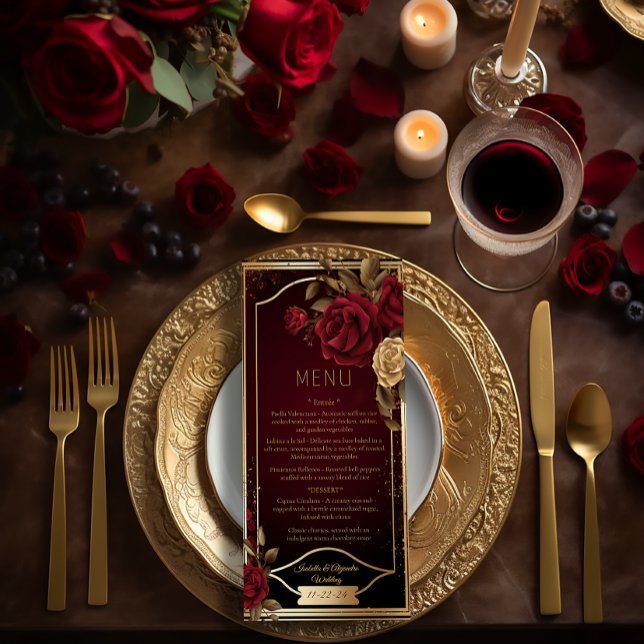 Elegante Dark Burgundy Rote Rose und Gold Wedding Menükarte (Elegant Red Rose Burgundy and Gold Wedding Menu )
