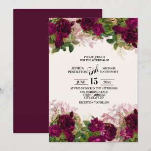 Elegante Dark Lila Plum Floral Wedding Einladung