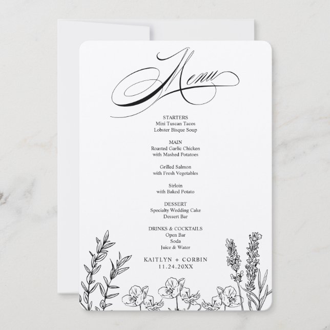 Elegante Dark Wildblume Menu Card Einladung (Vorderseite)