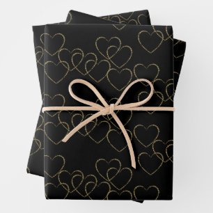 Elegante dekorative Herz-Anhänger Gold und Schwarz Geschenkpapier Set