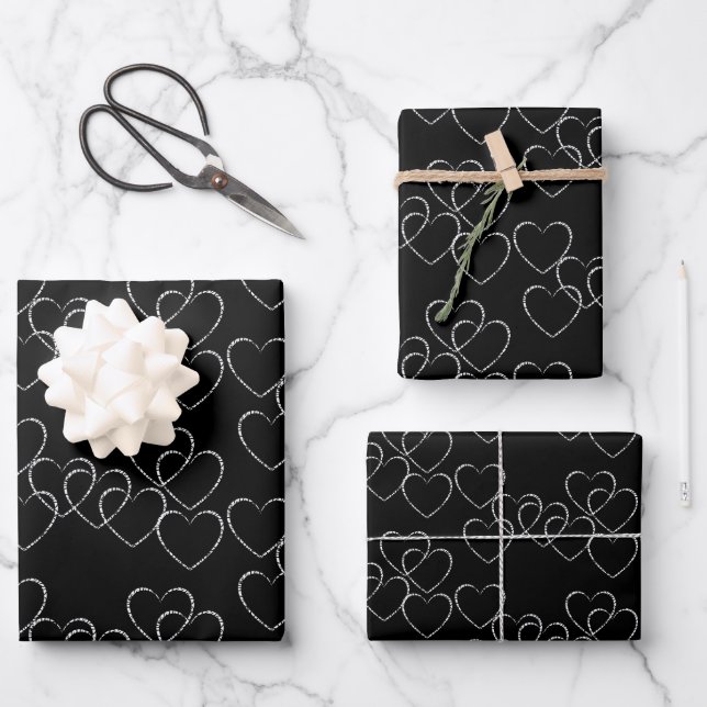Elegante dekorative Herzklänge Schwarz-Weiß Geschenkpapier Set (Vorderseite)