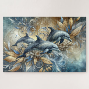 Elegante Delfine mit goldenen floralen Wellen Puzzle