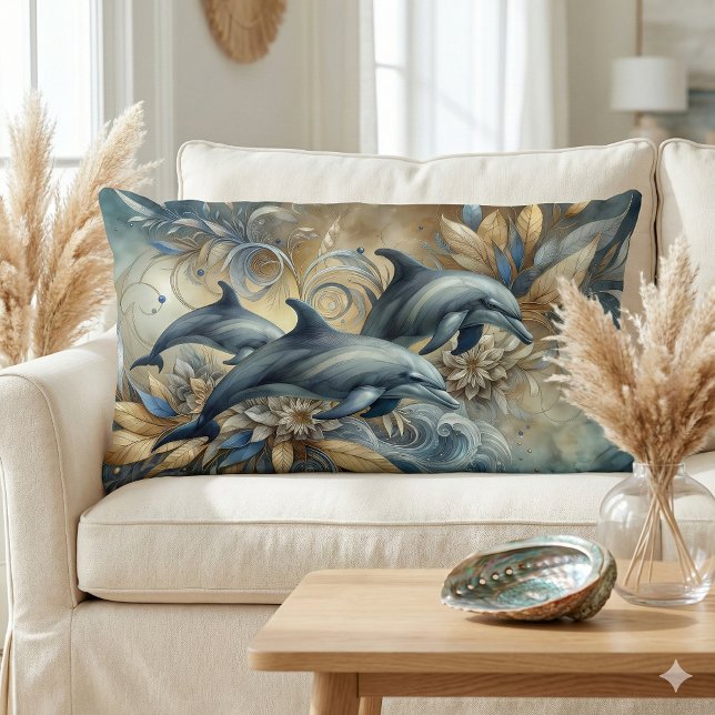 Elegante Delphine mit goldenen Blütenwellen Lendenkissen (Elegant Dolphins with Golden Floral Waves Lumbar Pillow Mockup A)