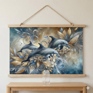 Elegante Delphine mit goldenen Blütenwellen Wandteppich Mit Holzrahmen