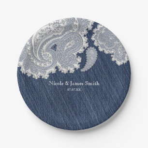 Elegante Denim-Jeans- und weiße Spitze Hochzeitskl Pappteller