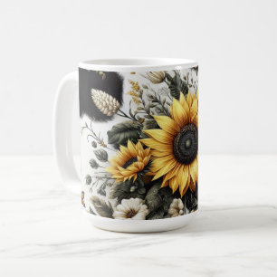 Elegante, detaillierte Sonnenblumen und Blumen Kaffeetasse
