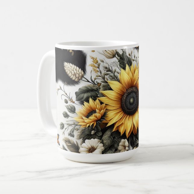 Elegante, detaillierte Sonnenblumen und Blumen Kaffeetasse (Vorderseite Links)