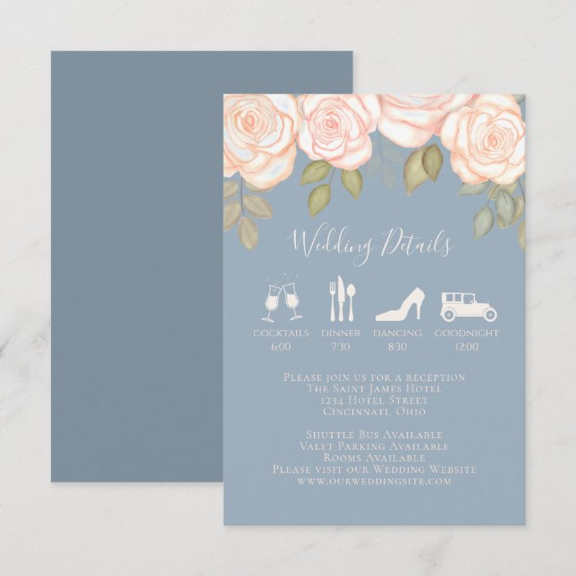 Elegante Details Moderne Timeline Dusty Blue Blush Begleitkarte (Vorne/Hinten)